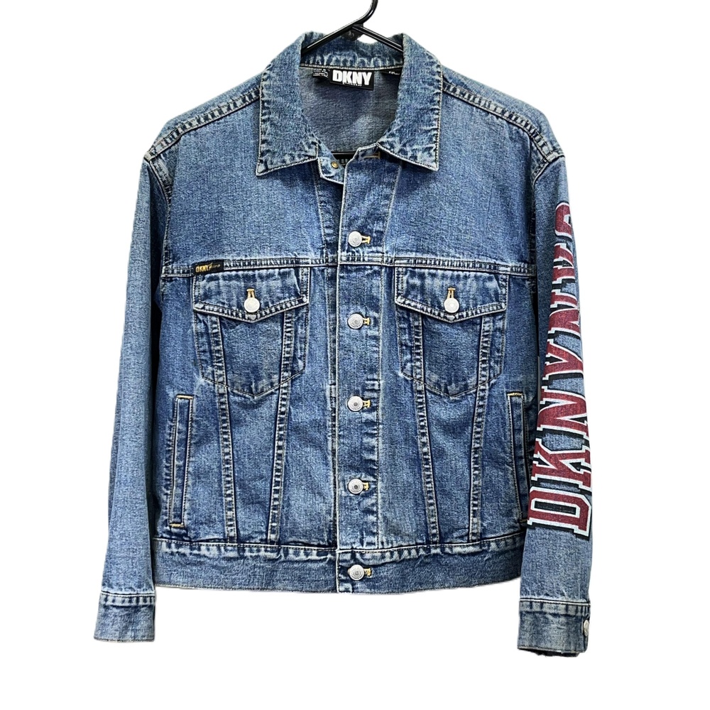 VTG DKNY Spellout Logo Womens' Blue Jean Petite Button-Up Denim Jacket Size PM